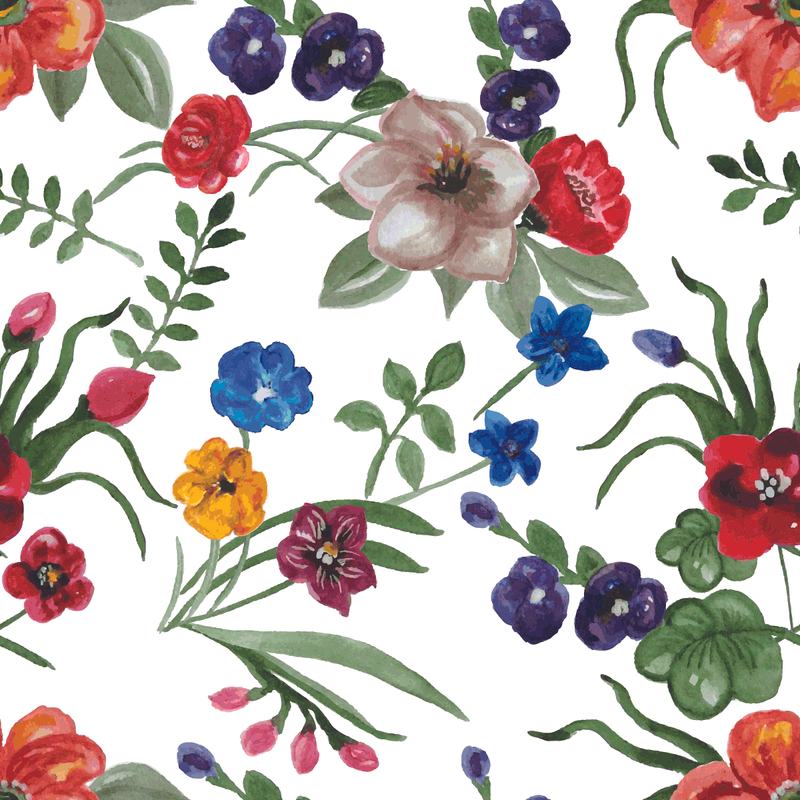 White Wallpaper with Multicolored Flowers