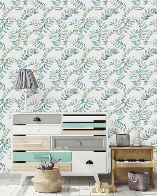 Modish Leaves on White Wallpaper Select
