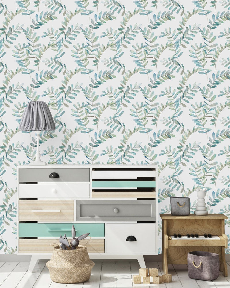 Modish Leaves on White Wallpaper Select