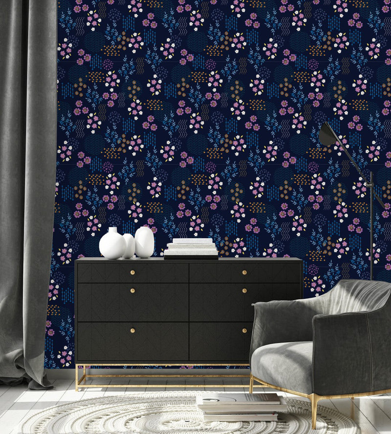 Elegant Dark Blue Wallpaper with Little Flowers