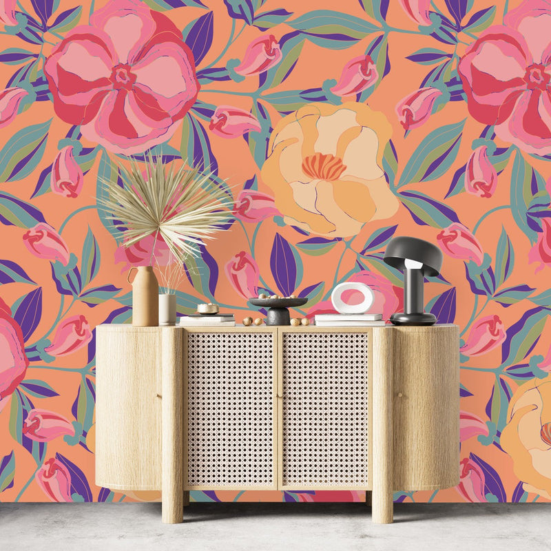 Contemporary Orange Floral Contemporary Wallpaper