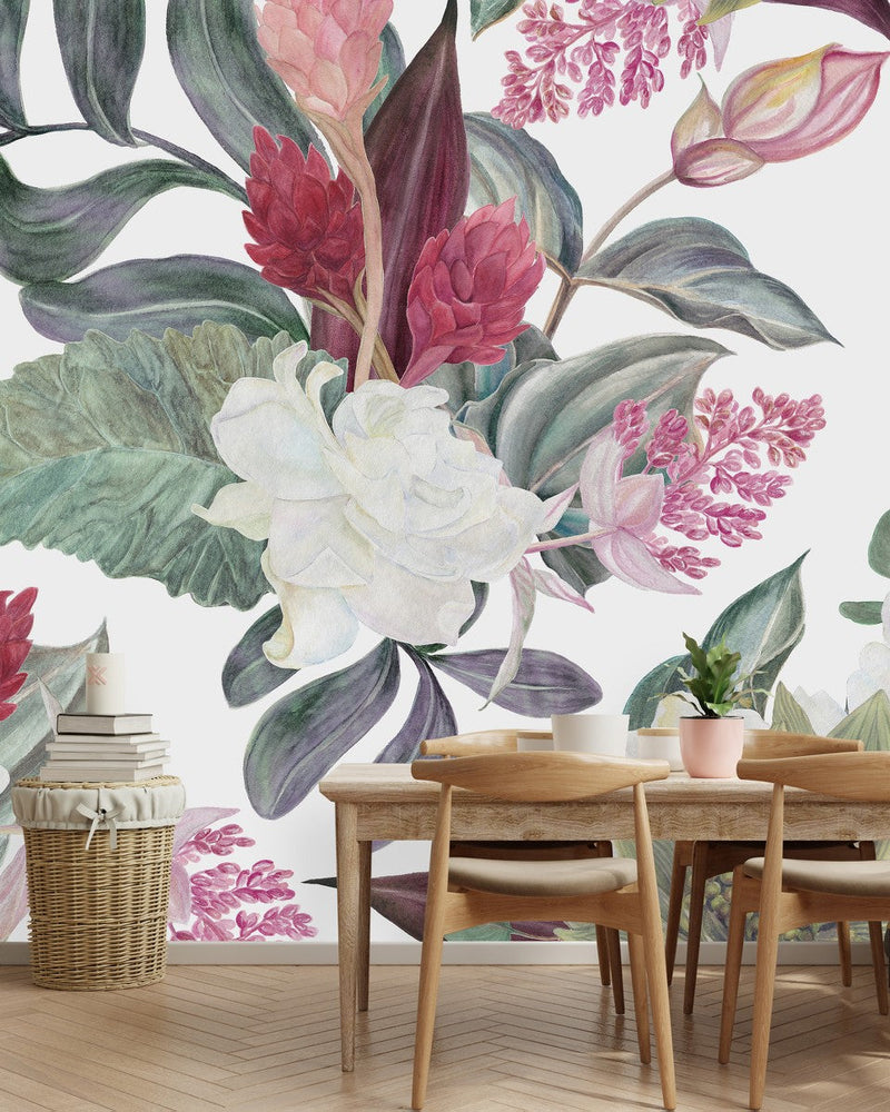Contemporary Modern White Wallpaper with Flowers