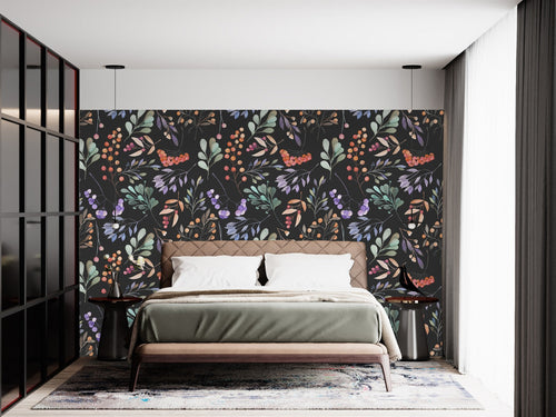 Dark Wallpaper with Berries and Leaves