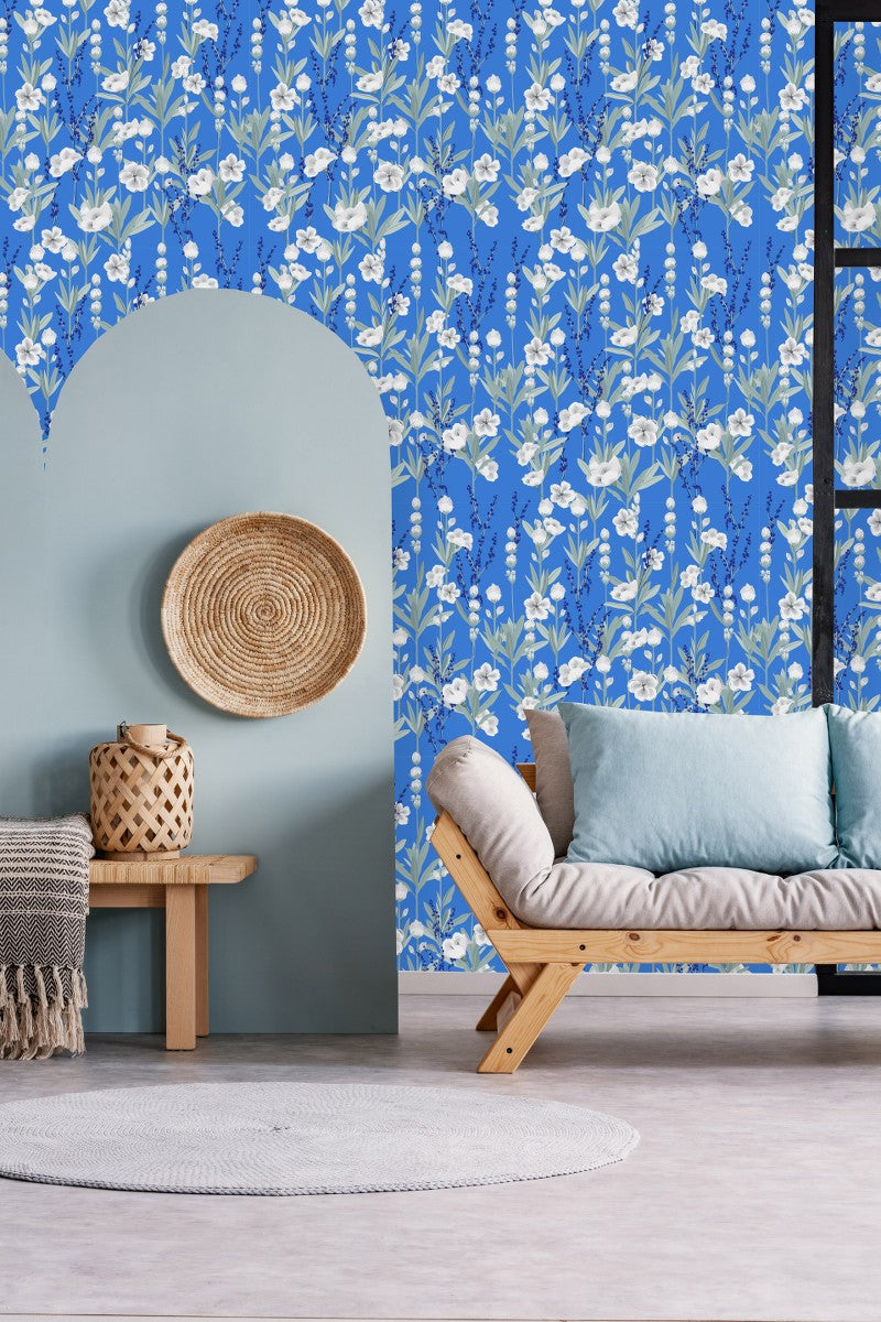 Elegant Blue Wallpaper with White Flowers Chic High-Quality