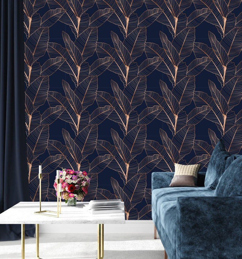 Dark Blue Wallpaper with Gold Leaves
