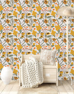 White Wallpaper with Orange Flowers