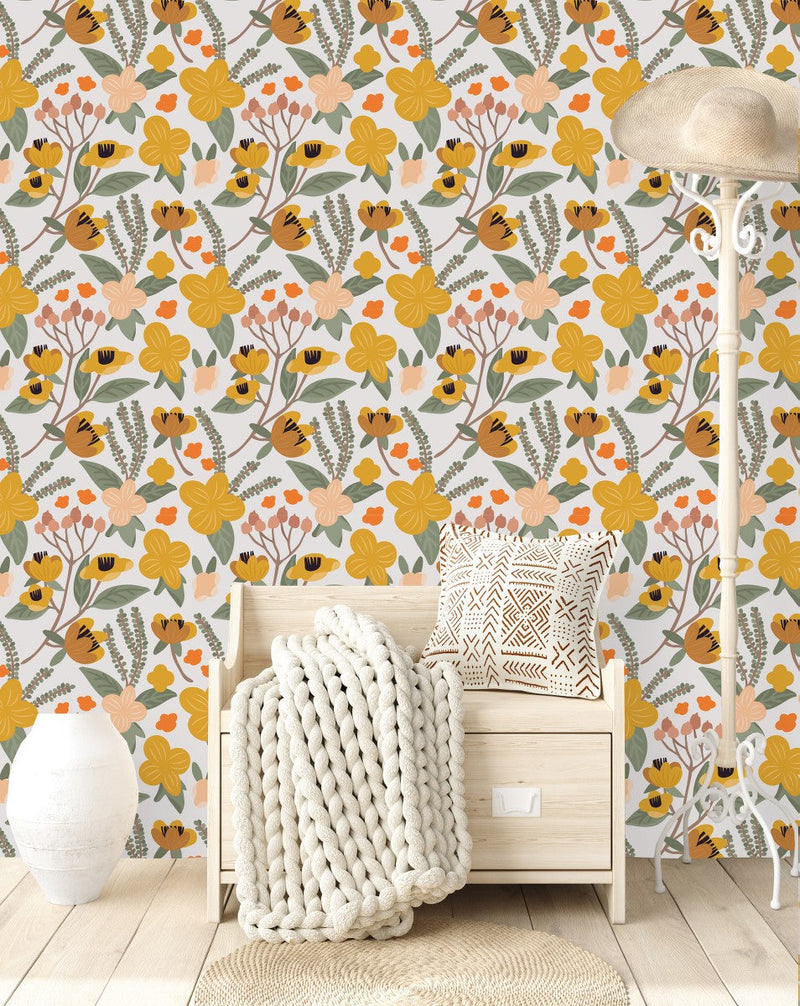 White Wallpaper with Orange Flowers