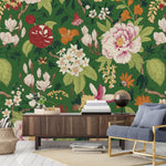 Brightly Flowers on Green Background Wallpaper