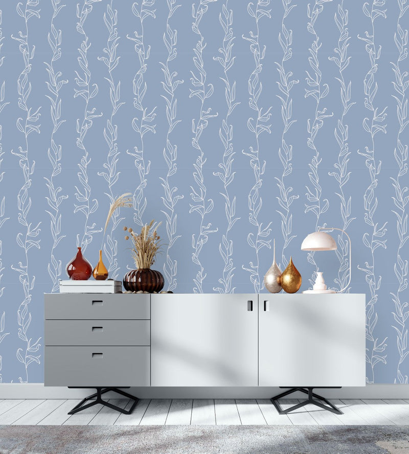 Blue Wallpaper with White Leaves