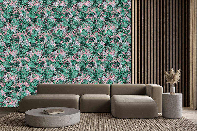 Pink Wallpaper with Green Exotic Leaves