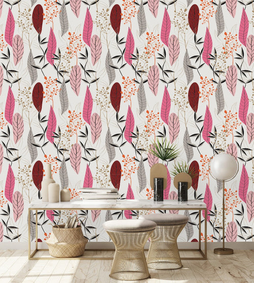 Voguish Pink Leaves Wallpaper Tasteful