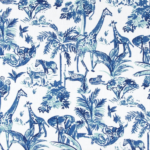 Rod Pocket Curtains in Meru Commodore Blue, Cancun Blue Safari Animal Toile