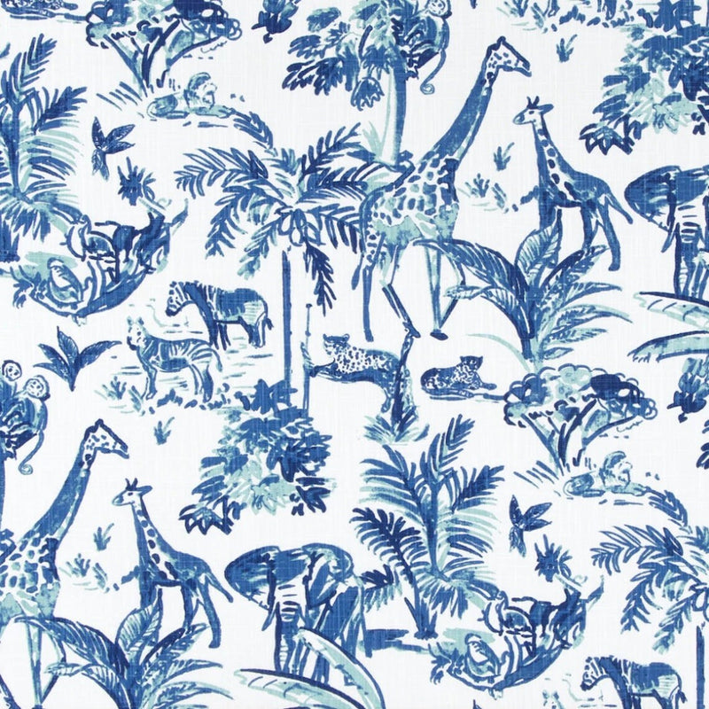 Tailored Tier Curtains in Meru Commodore Blue, Cancun Blue Safari Animal Toile