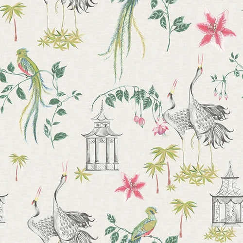 Gathered Bedskirt in Let It Crane Avocado Oriental Toile, Multicolor Chinoiserie