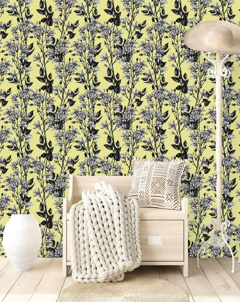Yellow Wallpaper with White Flowers