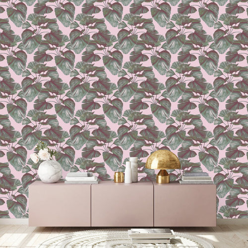 Pink Wallpaper with Green Leaves