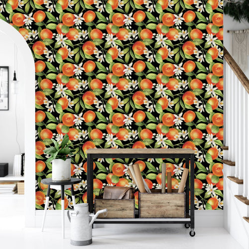 Dark Wallpaper with Flowers and Tangerines