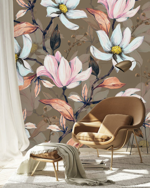 Fashionable Brown Wallpaper with Flowers Tasteful