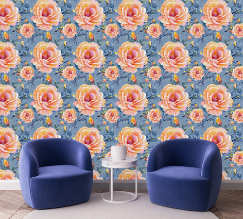 Blue Wallpaper with Roses