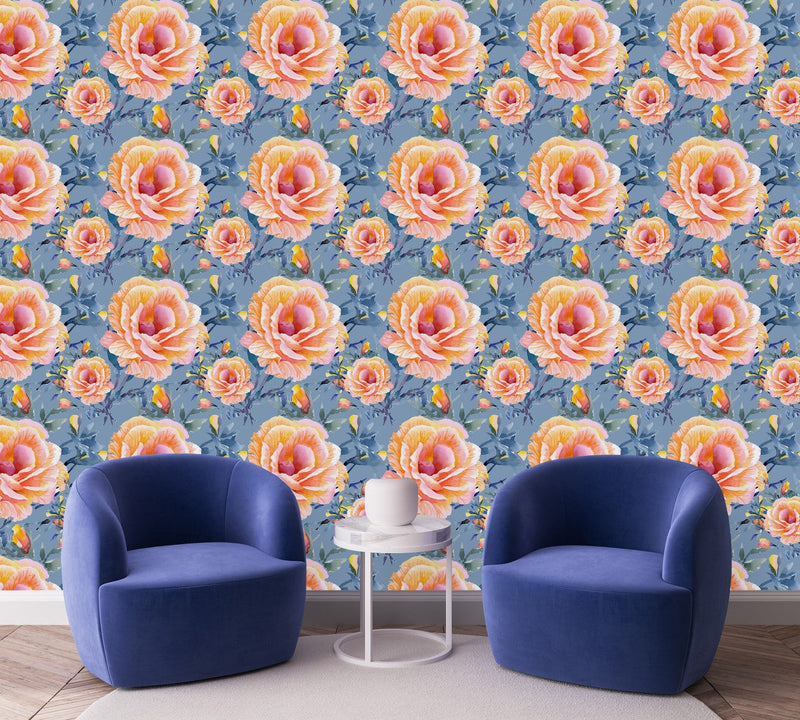 Blue Wallpaper with Roses