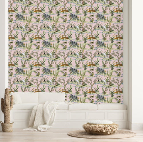 Pink Wallpaper with Wild Animals