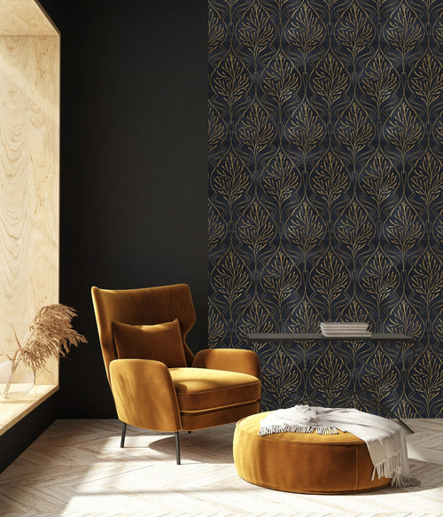 Modish Dark Wallpaper with Gold Leaves Vogue