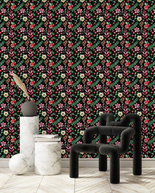 Flowers and Berries on Dark Background Wallpaper
