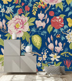 Blue Wallpaper with Flowers