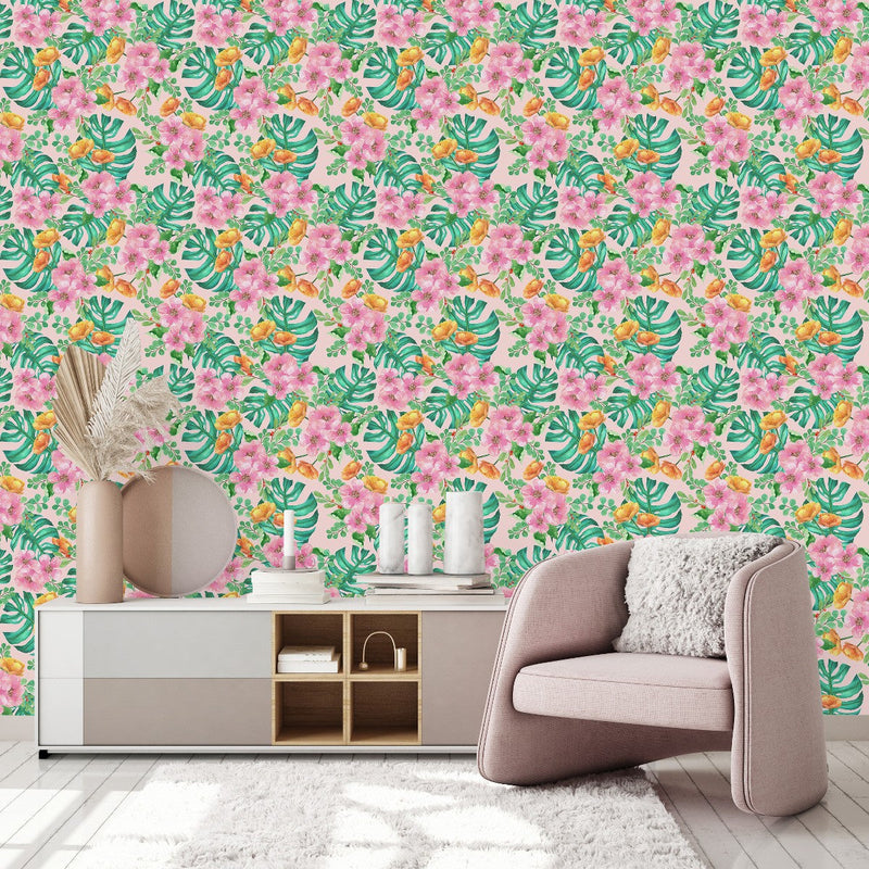 Monstera with Flowers Wallpaper