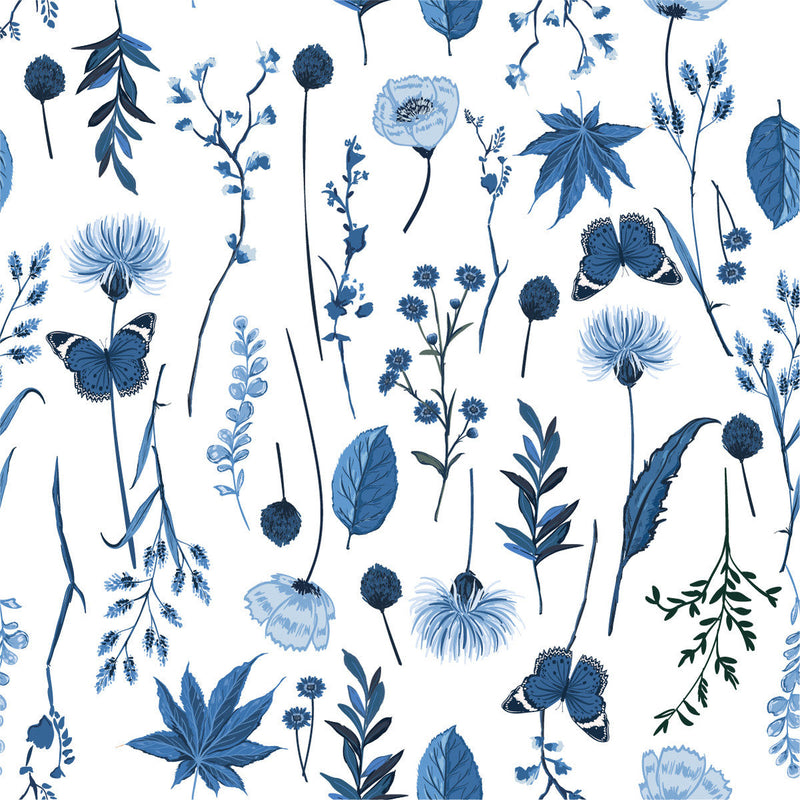 Blue Flowers and Batterflies Wallpaper