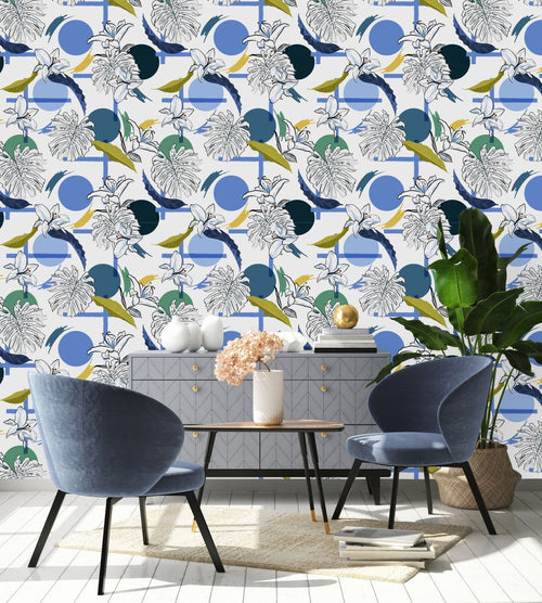 Shapes and Monstera Leaves Pattern Wallpaper