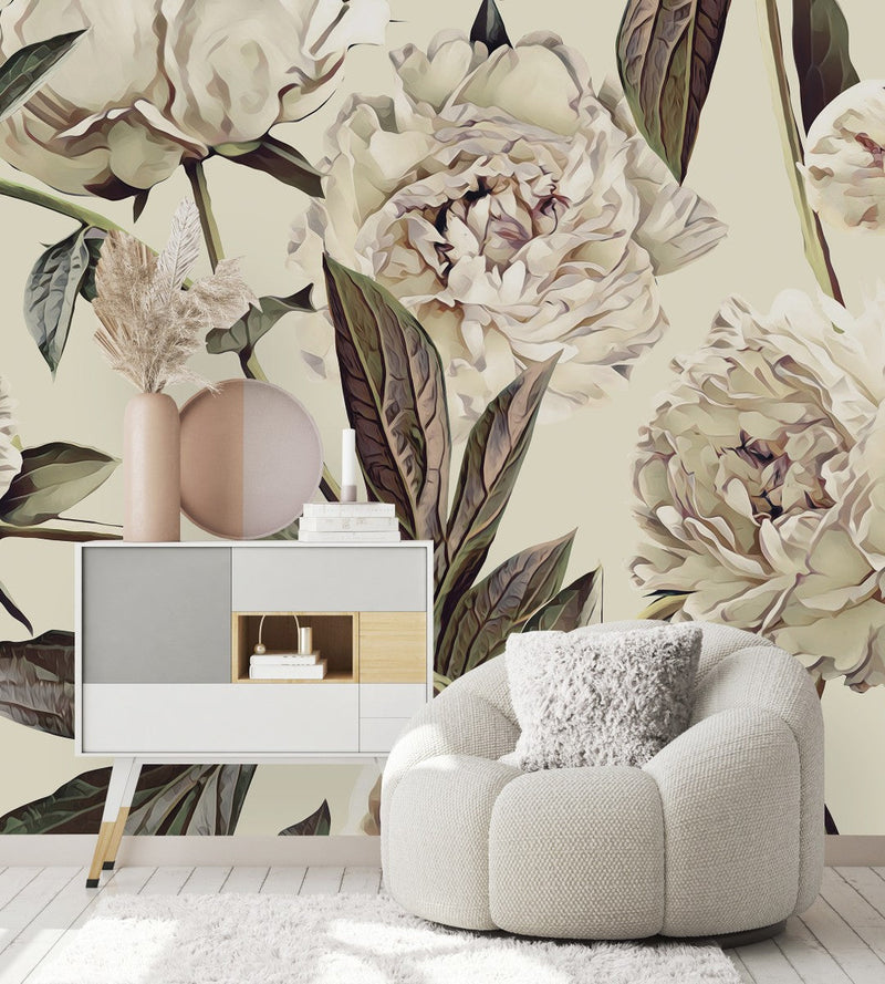 Contemporary Modern Beige Peonies Wallpaper