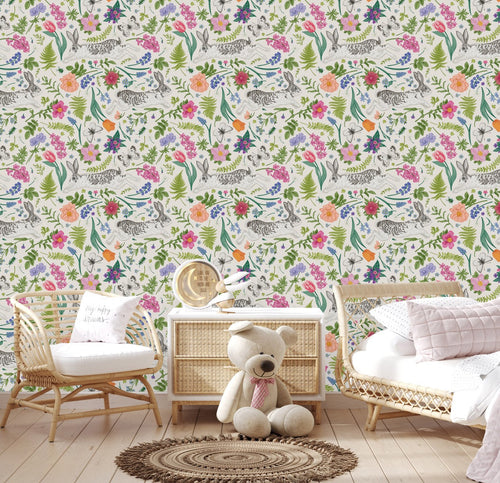 Elegant Hares between Flowers Wallpaper