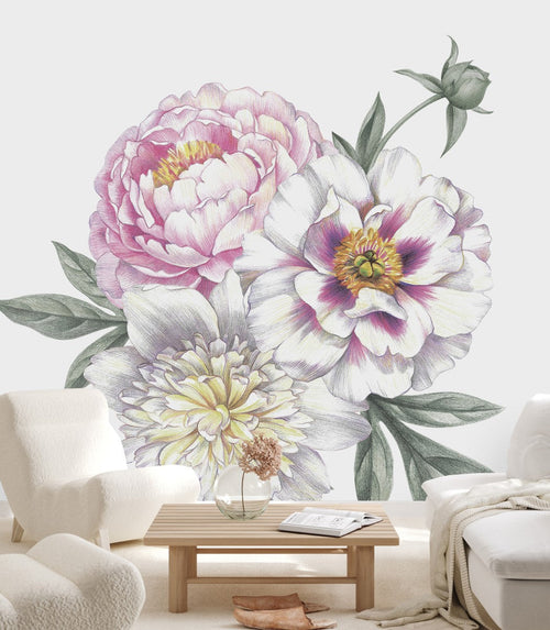 White Wallpaper with Three Flowers