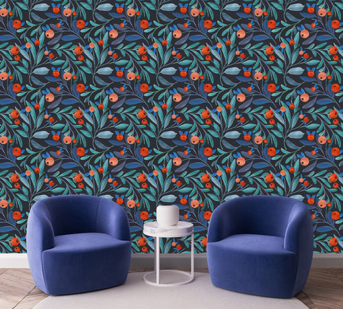 Blue Leaves with Berries Wallpaper