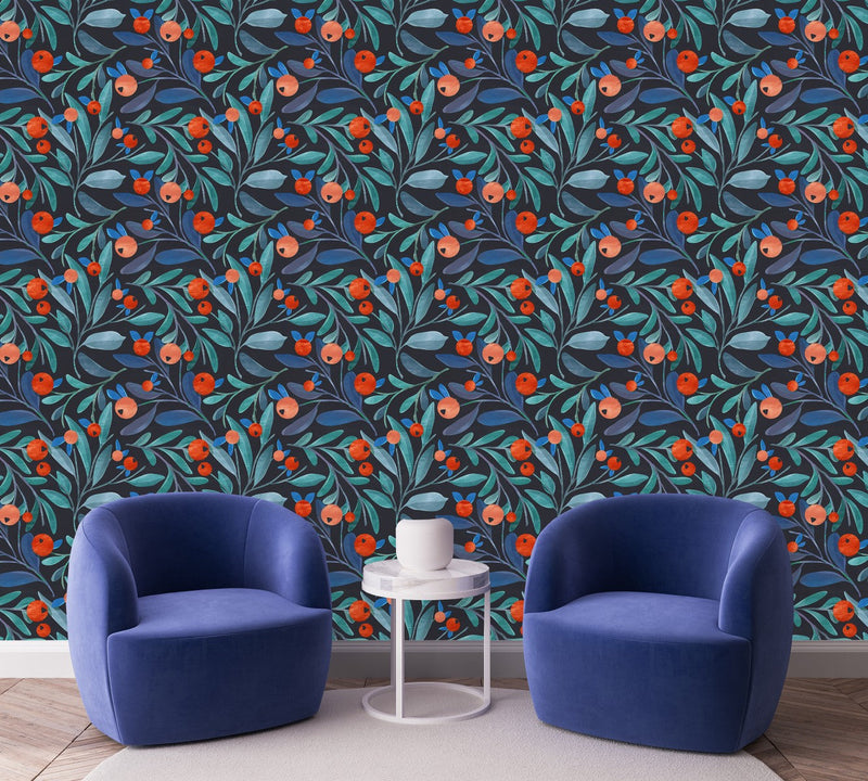 Blue Leaves with Berries Wallpaper