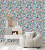 Grey Wallpaper with Flowers and Leaves