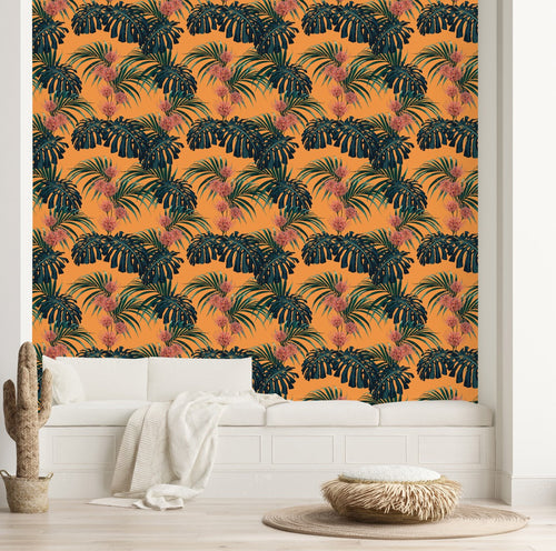 Orange Wallpaper with Tropical Leaves