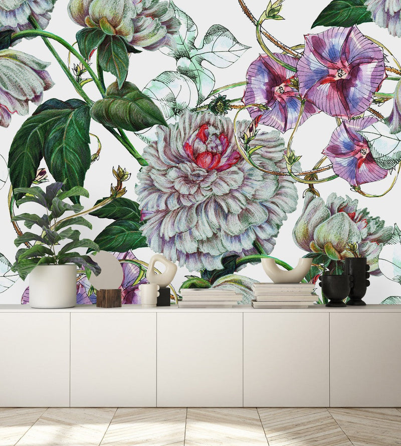 White Floral Wallpaper with Peonies