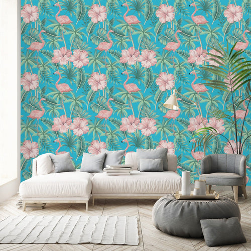 Blue Wallpaper with Pink Flamingos