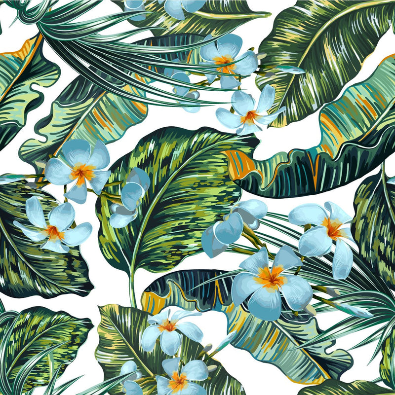 White Wallpaper with Palm Leaves and Flowers