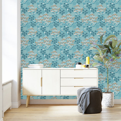 Blue Floral Wallpaper with Berries