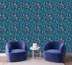 Voguish Blue Leaves with Pink Flowers Wallpaper Chic