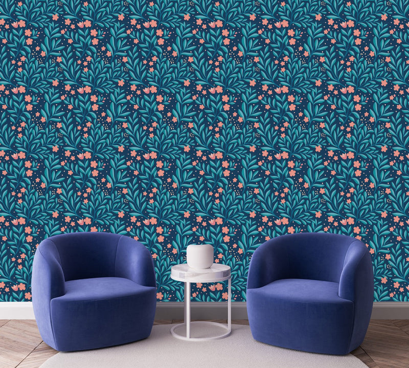 Voguish Blue Leaves with Pink Flowers Wallpaper Chic