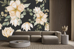 Beige Flowers on Dark Green Wallpaper