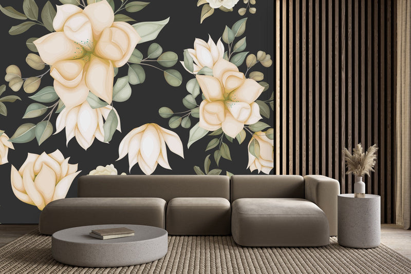 Beige Flowers on Dark Green Wallpaper