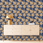 Dark Blue Wallpaper with Beige Flowers