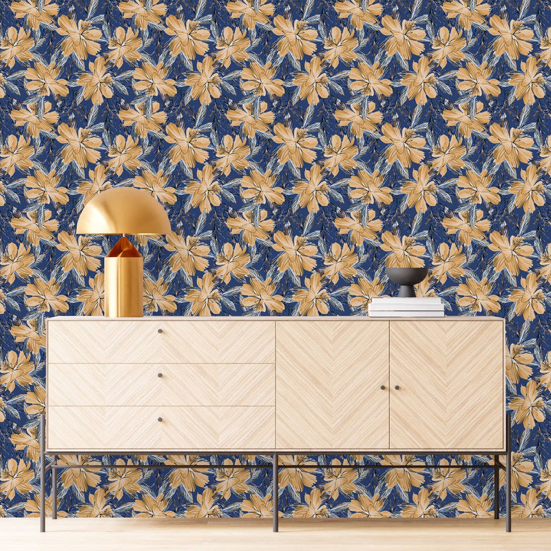 Dark Blue Wallpaper with Beige Flowers