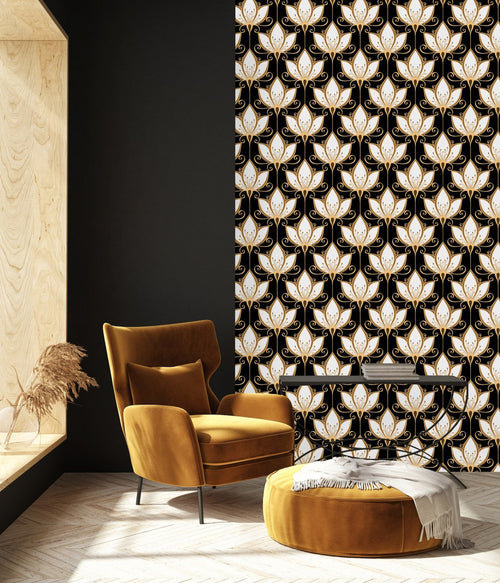 Black Wallpaper with Gold Flowers