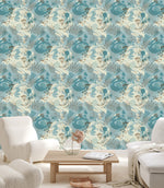 Blue Wallpaper with Birds and Flowers